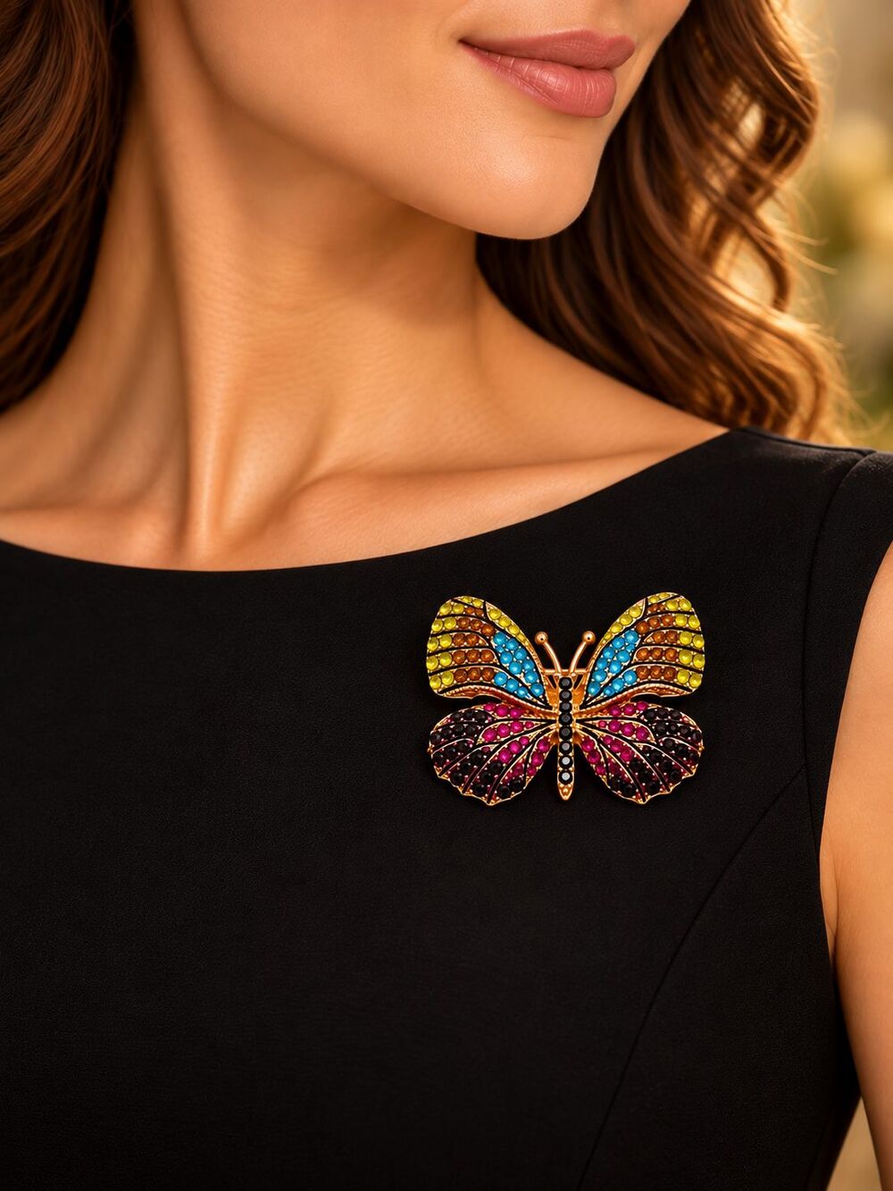 Napier Butterfly Brooch Multicolor Rhinestone Gold Tone Statement Pin Vintage